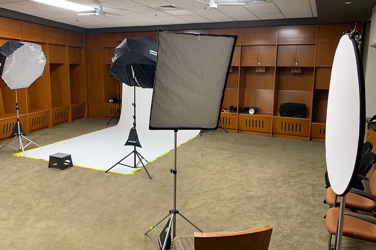 Creative production setup in a college locker room